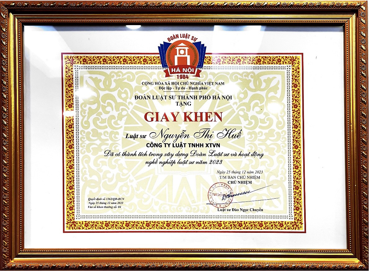 Giấy khen Luật sư Nguyễn Thị Huế