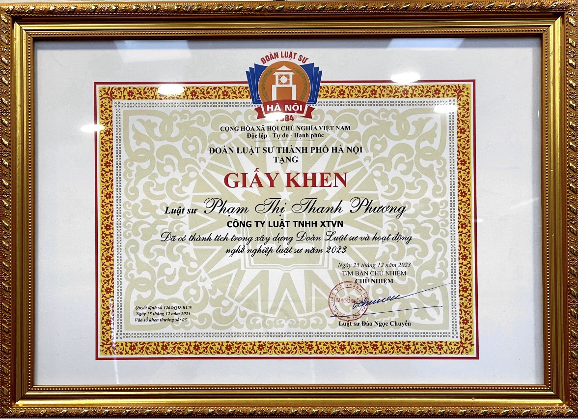 Giấy khen Luật sư Phạm Thị Thanh Phương - Phó Giám đốc