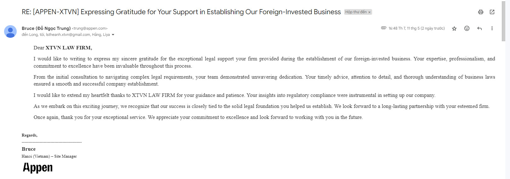 Thư cảm ơn của khách hàng